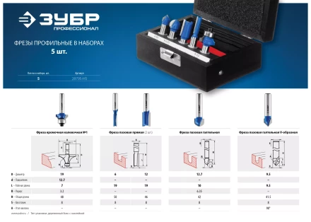 ЗУБР 5 шт, набор профильных фрез по дереву, Профессионал (28795-H5) купить в Ханты-Мансийске