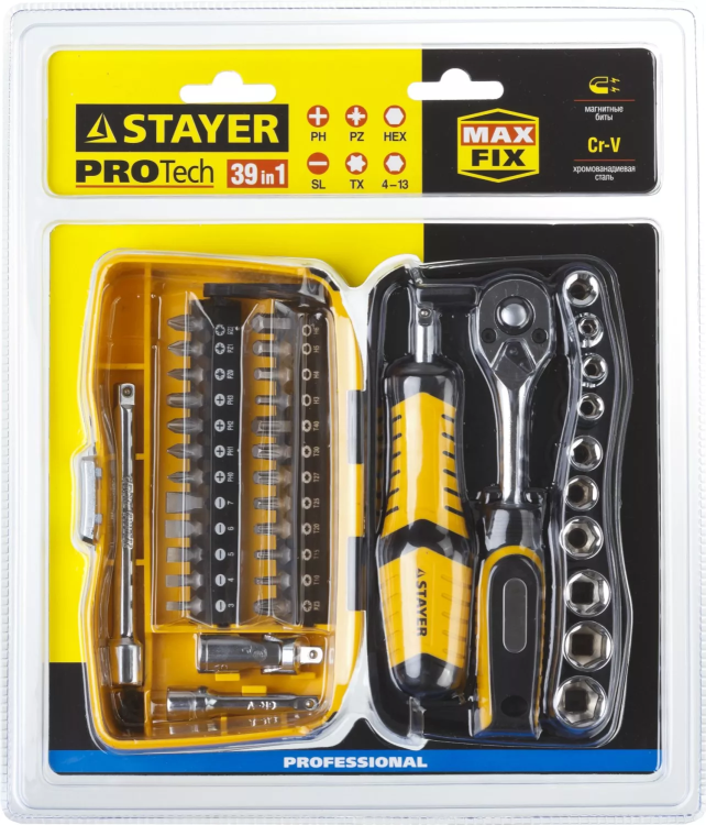 Набор STAYER "PROFESSIONAL": Биты и торцовые головки с трещеткой и воротком, 39 предметов 25135-H39 купить в Ханты-Мансийске
