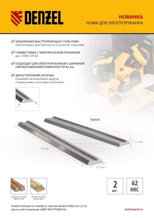 Ножи для эл. рубанка Denzel 782400, Р6М5, 82мм, 2шт купить в Ханты-Мансийске