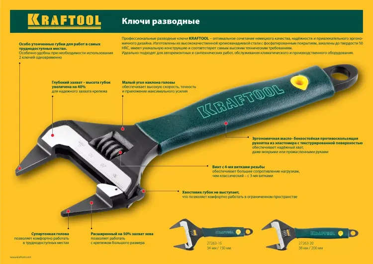 Ключ разводной SlimWide-S, 150 / 34 мм, KRAFTOOL 27263-15 купить в Ханты-Мансийске