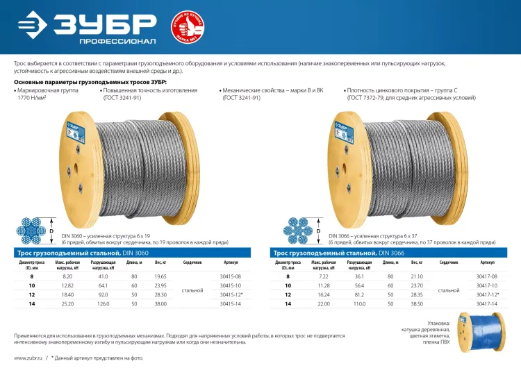 ЗУБР DIN 3060, свивка 6 х 19 + IWR, 14 мм, L 50 м, грузоподъемный стальной трос, Профессионал (30415-14) купить в Ханты-Мансийске