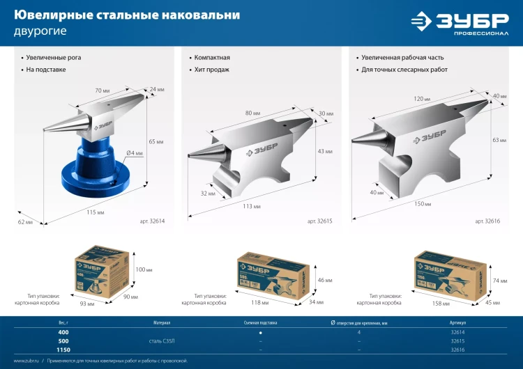ЗУБР 500 г, ювелирная стальная наковальня, Профессионал (32615) купить в Ханты-Мансийске