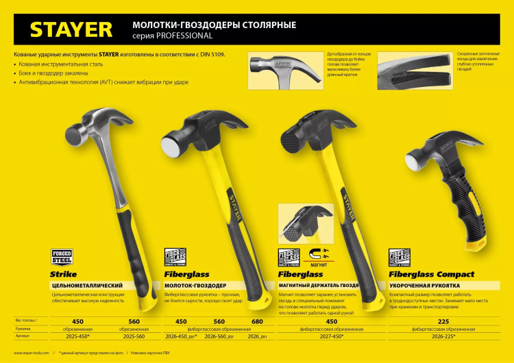 Молоток-гвоздодер "Fiberglass-M" с фиберглассовой рукояткой, с магнитом, 450 г, STAYER Professional 2027-450 купить в Ханты-Мансийске