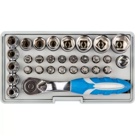 Набор ЗУБР &quot;ЭКСПЕРТ&quot;: Биты 16шт,торцов головки с мини трещоткой 12шт,адаптер для бит SQ 1/4&quot;хHex 1/4&quot;,удлинит 1/4&quot;/80мм 26054-H31 купить в Ханты-Мансийске