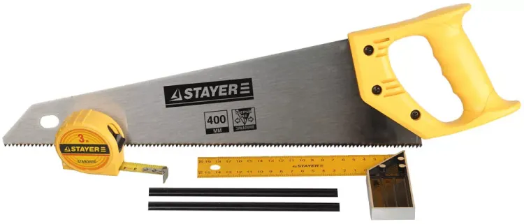 Набор STAYER "STANDARD" для столярных работ: ножовка по дереву 400 мм, угольник 200 мм, рулетка 3 м, 2 карандаша, 5 пред 15084-H5 купить в Ханты-Мансийске