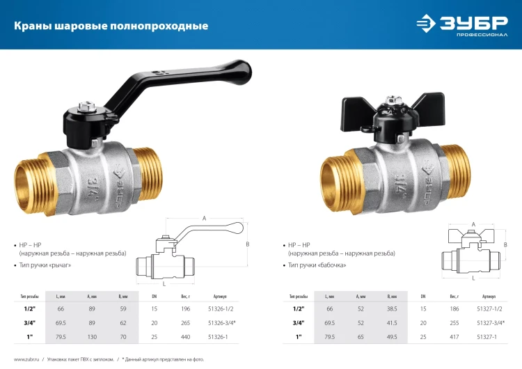 ЗУБР d 3/4, ручка бабочка, папа-папа, полнопроходной шаровой кран (51327-3/4) купить в Ханты-Мансийске