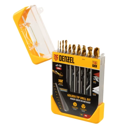 Набор сверл по металлу, 1-10 мм, HSS-Tin, Golden Tip, 10 шт Denzel 72316 купить в Ханты-Мансийске
