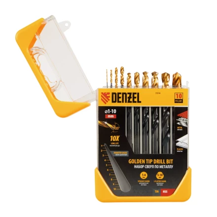 Набор сверл по металлу, 1-10 мм, HSS-Tin, Golden Tip, 10 шт Denzel 72316 купить в Ханты-Мансийске