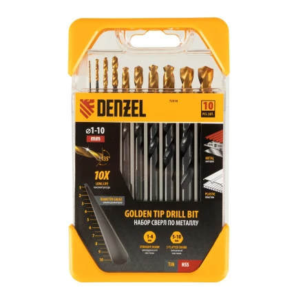 Набор сверл по металлу, 1-10 мм, HSS-Tin, Golden Tip, 10 шт Denzel 72316 купить в Ханты-Мансийске