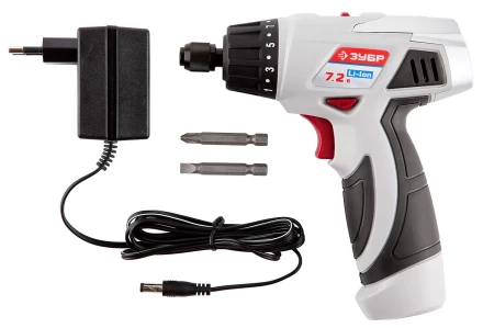 Шуруповерт ЗУБР 2-х скор,Li-Ion,реверс,15+1,зарядка 3-5ч,10мм,0-160 и 0-320об/мин,1,5А/ч,7,2В,набор бит,в блистере ЗДА-7.2-Ли Б купить в Ханты-Мансийске