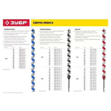ЗУБР &quot;МАСТЕР&quot;. Сверло по дереву, спираль Левиса, HEX хвостовик, 6х235мм 2947-235-06 купить в Ханты-Мансийске