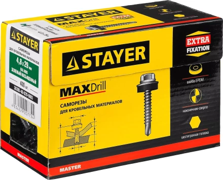 Саморезы СКД кровельные, RAL 6005 зеленый насыщенный, 29 x 4.8 мм, 400 шт, для деревянной обрешетки, STAYER 30305-48-029-6005 купить в Ханты-Мансийске