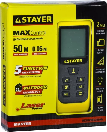 Дальномер STAYER "MASTER" MAX-Control лазерный, 2 точки отсчета, дальность 50м, точность 2мм 34957 купить в Ханты-Мансийске