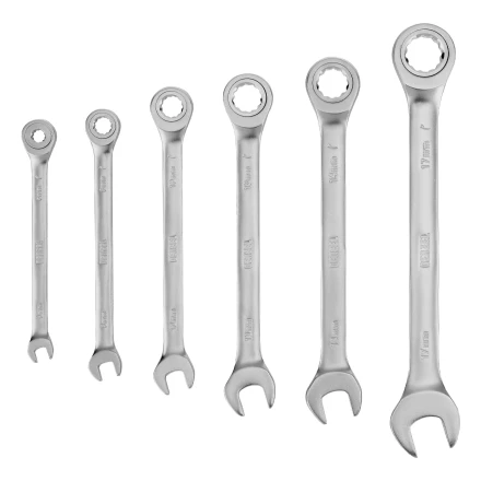 Набор ключей комбинированных трещоточных 6-17 мм, 6 шт., CrV, матовый хром// Denzel 14720 купить в Ханты-Мансийске