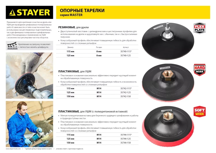 Тарелка опорная STAYER "MASTER" пластиковая для УШМ на липучке, полиуретановая вставка, d=125 мм, М14 35744-125 купить в Ханты-Мансийске