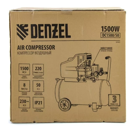 Компрессор воздушный, прямой привод DC1500/50, 1.5 кВт, 50 литров, 220 л/мин Denzel 58161 купить в Ханты-Мансийске