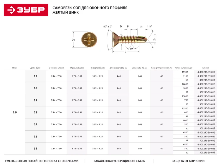 Саморезы ЗУБР "МАСТЕР" со сверлом для оконного профиля, жёлтопассивированные, 3.9x19мм, 750шт 4-300231-39-019 купить в Ханты-Мансийске