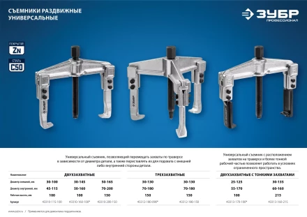 ЗУБР внешний d 30 - 145 мм, внутренний d 50 - 160 мм, раздвижной двухзахватный съемник, Профессионал (43310-160-100) купить в Ханты-Мансийске
