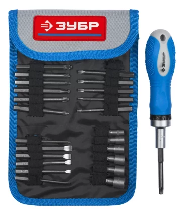 Набор ЗУБР Отвертка &quot;ЭКСПЕРТ&quot; реверcивная, 2-хкомп. ручка, биты 65мм, торцовые головки, 25пред. 25281-H25 купить в Ханты-Мансийске