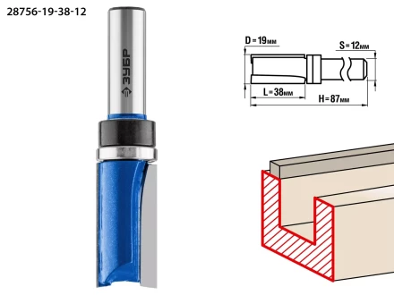 ЗУБР 19 x 38 мм, хвостовик 12 мм, фреза пазовая прямая с верхним подшипником. , Профессионал (28756-19-38-12) купить в Ханты-Мансийске