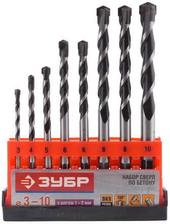Набор сверл по бетону усиленные ЗУБР 3 шт d 6-8-10 мм трехгранный хвостовик  Профессионал 2916-H3 купить в Ханты-Мансийске