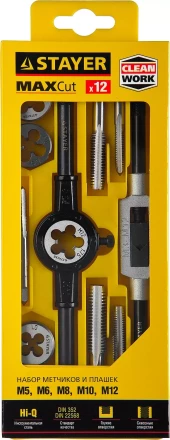 Набор метчиков и плашек STAYER &quot;MASTER&quot;, метчикодержатель 1шт, плашкодержатель 1шт, метчики 5шт, плашки 5шт, 12 предметов 28012-H12_z01 купить в Ханты-Мансийске