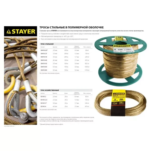 Трос стальной в полимерной оболочке, d=2,5 мм, L=200 м, STAYER Master 30410-25 30410-25 купить в Ханты-Мансийске