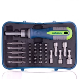 Отвертка реверсивная с набором бит и торцевыми головками 35 шт CrV Сибртех 13337