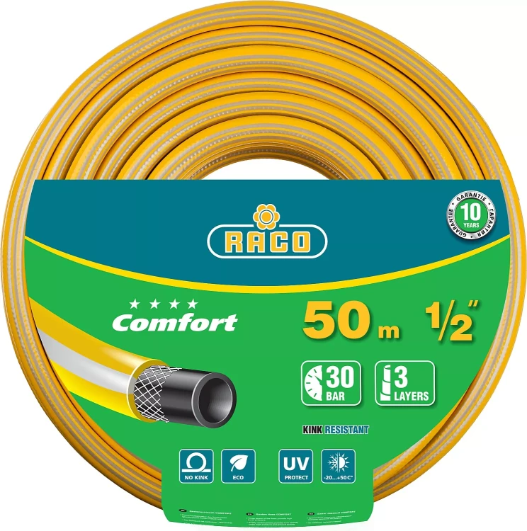 Шланг RACO "COMFORT" поливочный, 30атм., армированный, 3-х слойный, 1/2"х50м 40303-1/2-50 купить в Ханты-Мансийске