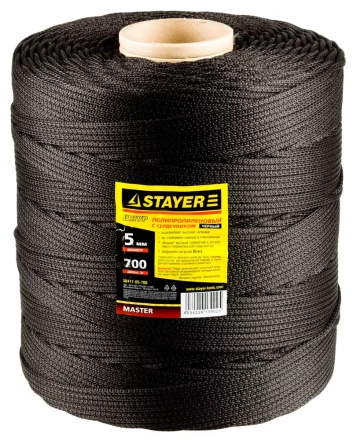 Шнур STAYER &quot;MASTER&quot; хозяйственно-бытовой, полипропиленовый, вязанный, с сердечником, черный, d 5, катушка 700м 50411-05-700 купить в Ханты-Мансийске