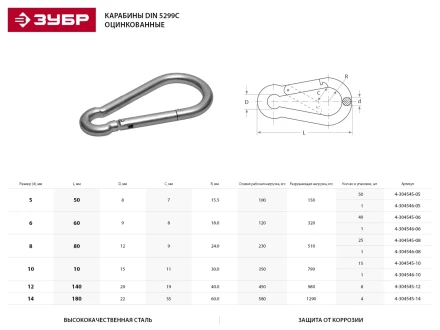 Карабин ЗУБР "МАСТЕР" DIN 5299С, оцинкованный, 14мм, 4 шт 4-304545-14 купить в Ханты-Мансийске