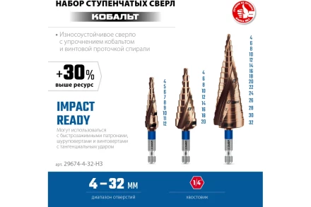 ЗУБР КОБАЛЬТ 3 шт, 4-32мм, винтовая проточка, набор ступенчатых сверл, ПРОФЕССИОНАЛ (29674-4-32-H3) купить в Ханты-Мансийске