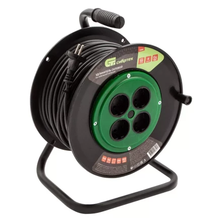 Удлинитель силовой 50 м Сибртех 95855, 10А, тип УХ10, ПВС, на кабельной катушке, 4 розетки без заземления купить в Ханты-Мансийске