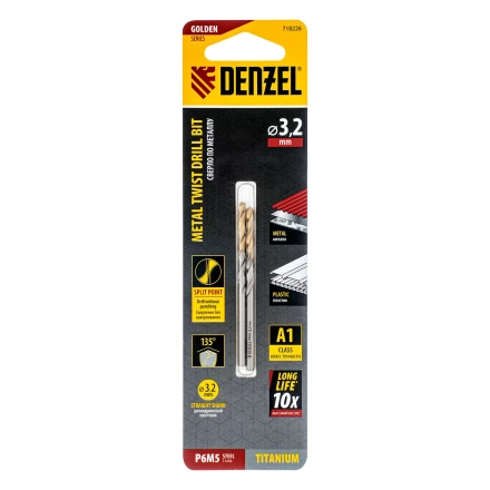 Сверло спиральное по металлу 3,2 x 65 мм, Р6М5, Golden Tip , 2шт. Denzel 718226 купить в Ханты-Мансийске