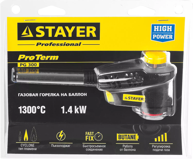 Газовая горелка "ProTerm" на баллон, STAYER "PROFESSIONAL" 55582, с пьезоподжигом, регулировка пламени, вихревое пламя, цанговое соединение, 1300С 55582 купить в Ханты-Мансийске