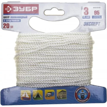Шнур ЗУБР полиамидный, плетеный, повышенной нагрузки, с сердечником, белый, d 3, 20м 50310-03-020 купить в Ханты-Мансийске