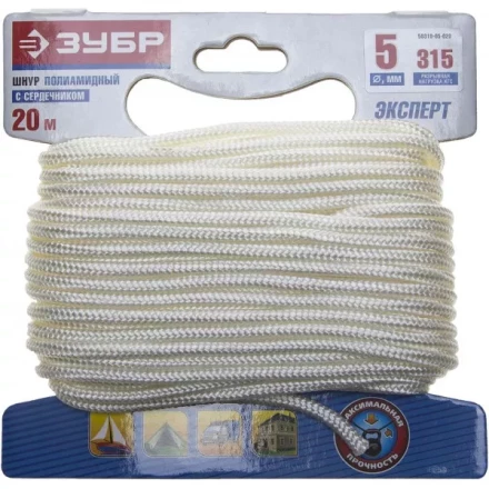 Шнур ЗУБР полиамидный, плетеный, повышенной нагрузки, с сердечником, белый, d 5, 20м 50310-05-020 купить в Ханты-Мансийске
