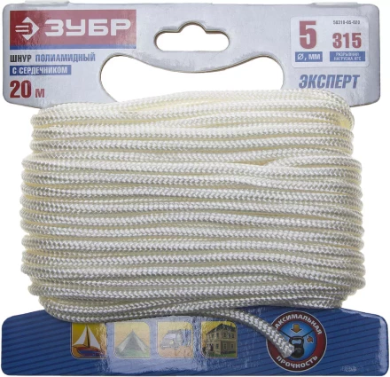 Шнур ЗУБР полиамидный, плетеный, повышенной нагрузки, с сердечником, белый, d 5, 20м 50310-05-020 купить в Ханты-Мансийске