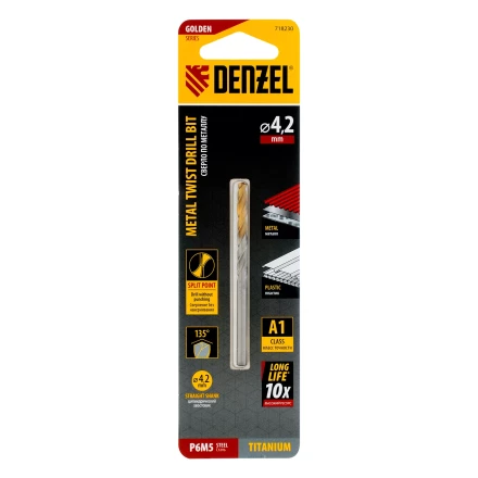 Сверло спиральное по металлу Denzel 4,2 x 75 мм, Р6М5, Golden Tip, 718230 купить в Ханты-Мансийске