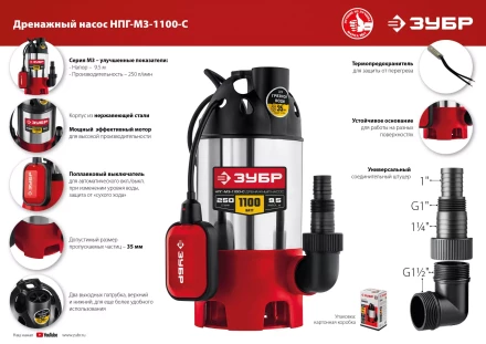 ЗУБР 1100 Вт, дренажный насос для грязной воды, корпус - нерж. сталь (НПГ-М3-1100-С) купить в Ханты-Мансийске