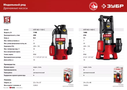 ЗУБР 1100 Вт, дренажный насос для грязной воды, корпус - нерж. сталь (НПГ-М3-1100-С) купить в Ханты-Мансийске