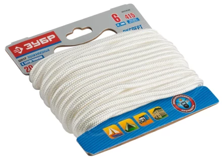 Шнур ЗУБР полиамидный, плетеный, повышенной нагрузки, с сердечником, белый, d 6, 20м 50310-06-020 купить в Ханты-Мансийске