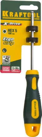 Отвертка KRAFTOOL, Cr-Mo-V сталь, двухкомпонентная противоскользящая рукоятка, HEX, №5x100мм 250075-5-100 купить в Ханты-Мансийске