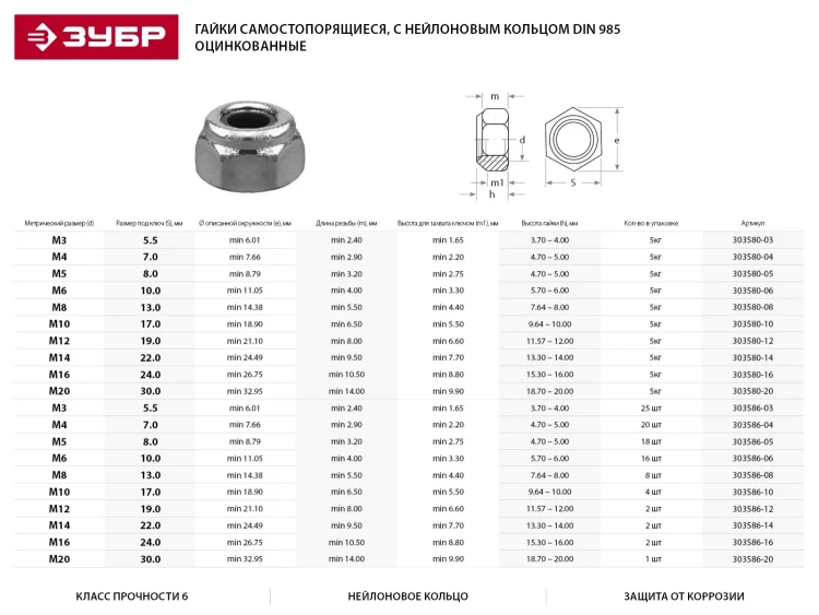 Гайка ЗУБР "МАСТЕР" DIN 985 самостопорящаяся, с нейлоновым кольцом, класс прочности 8, оцинкованная, M10, 5кг 303580-10 купить в Ханты-Мансийске