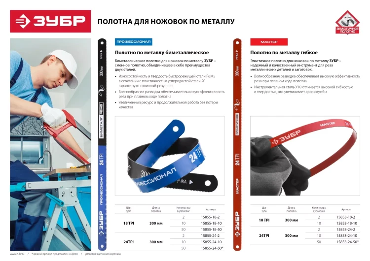 Полотно ЗУБР "ПРОФЕССИОНАЛ" по металлу, биметаллическое 24TPI шаг 1мм, 300мм, 50шт 15855-24-50 купить в Ханты-Мансийске