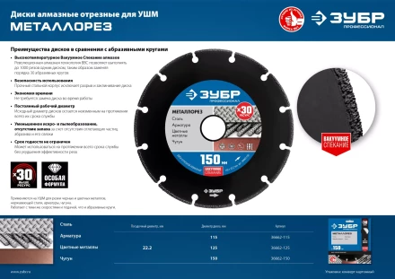 ЗУБР МЕТАЛЛОРЕЗ 115 мм, вакуумное спекание, алмазный диск по металлу, Профессионал (36662-115) купить в Ханты-Мансийске
