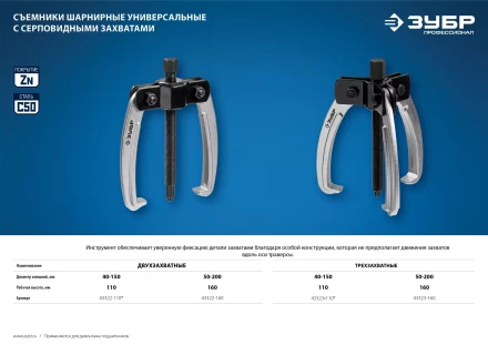 ЗУБР d 50 - 200 мм, шарнирный двухзахватный съемник с серповидными захватами, Профессионал (43322-160) купить в Ханты-Мансийске