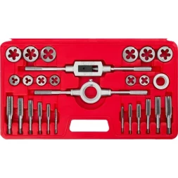 Набор ЗУБР "МАСТЕР" с металлорежущим инстр., метчики однопроходные и плашки М5-М16, оснастка - в пластик. боксе, 27пред. 28123-H27