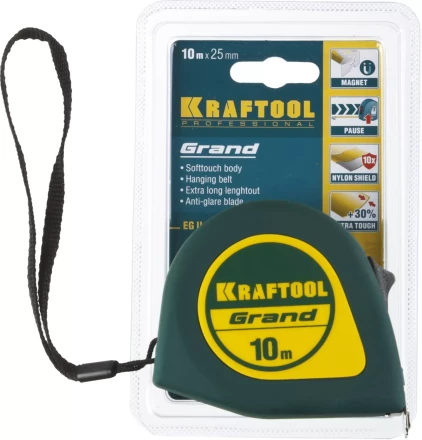 Рулетка KRAFTOOL GRAND, обрезиненный пластиковый корпус, 10м/25мм 34022-10-25 купить в Ханты-Мансийске