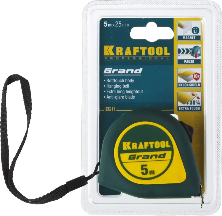 Рулетка KRAFTOOL GRAND, обрезиненный пластиковый корпус, 5м/25мм 34022-05-25 купить в Ханты-Мансийске